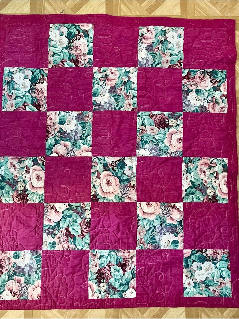 Handmade Floral Patchwork Quilted Throw - Pink